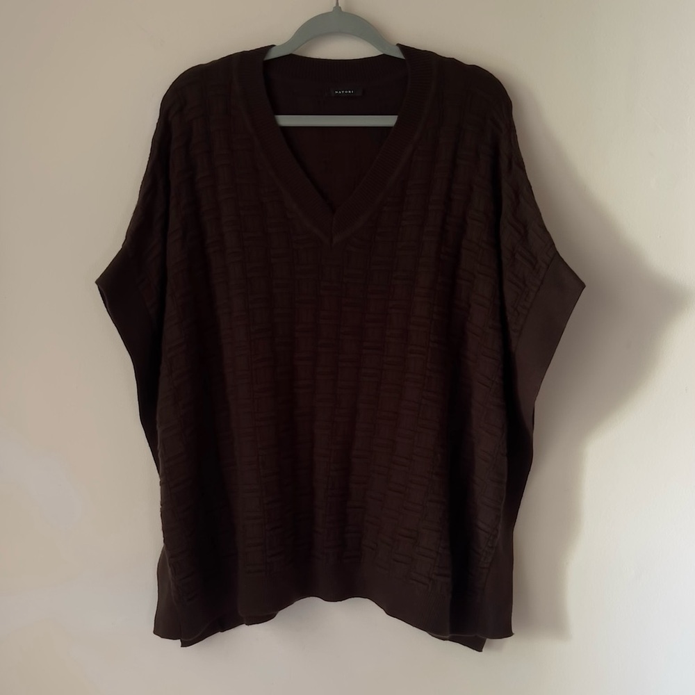 Natori Short Wool Blend V-Neck Oversized Brown Sweater Poncho Style Size XS